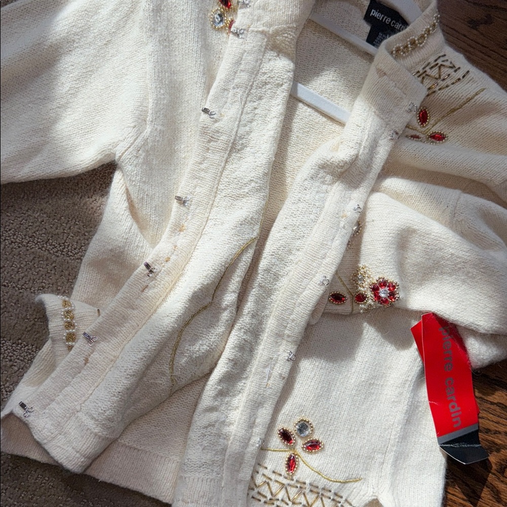 Pierre Cardin Silk And Angora Blend Embroidered Cream‎ Cardigan - Picture 16 of 17